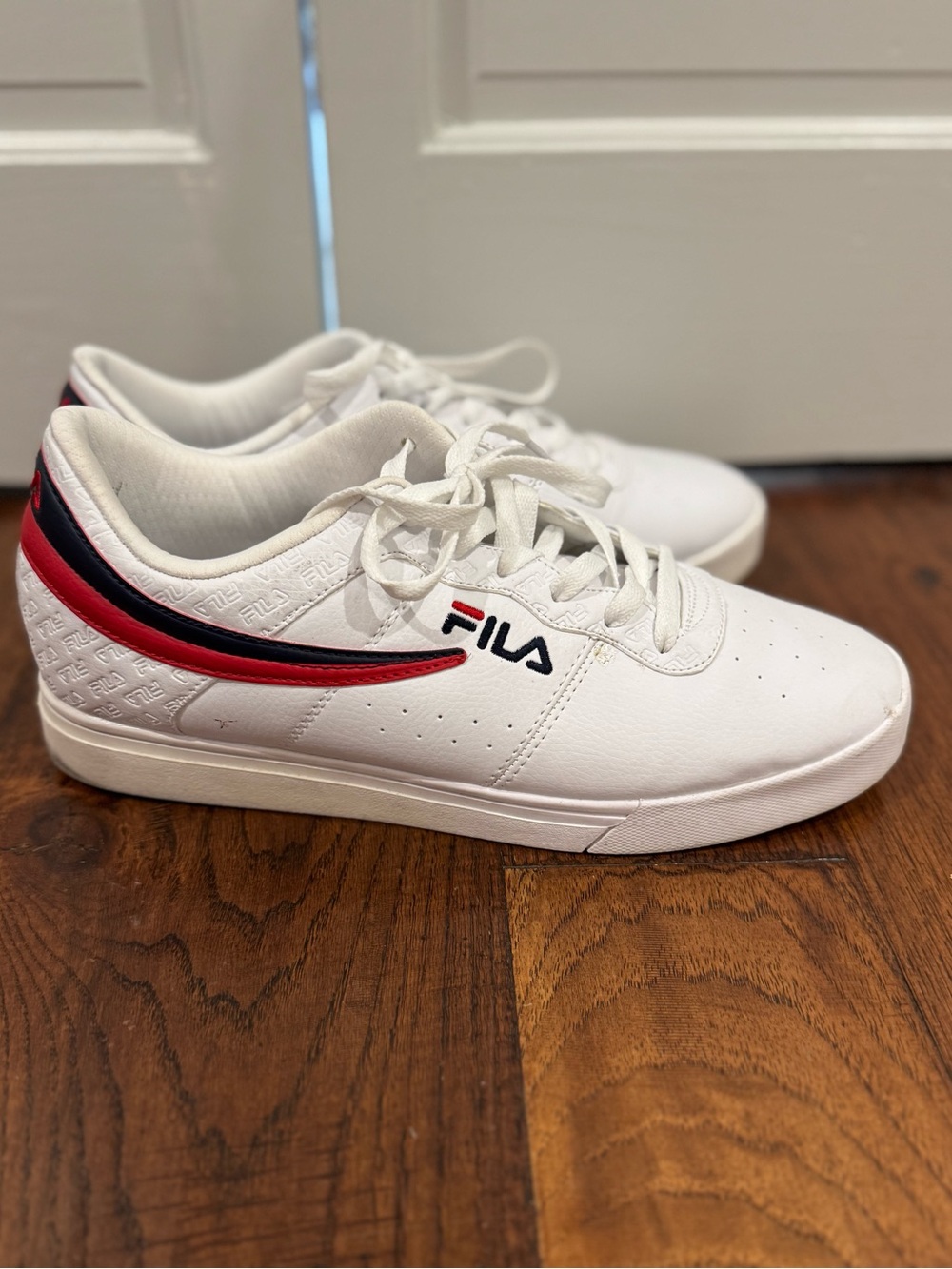 Fila White Lace-Up Sneakers with Red & Navy Stripe